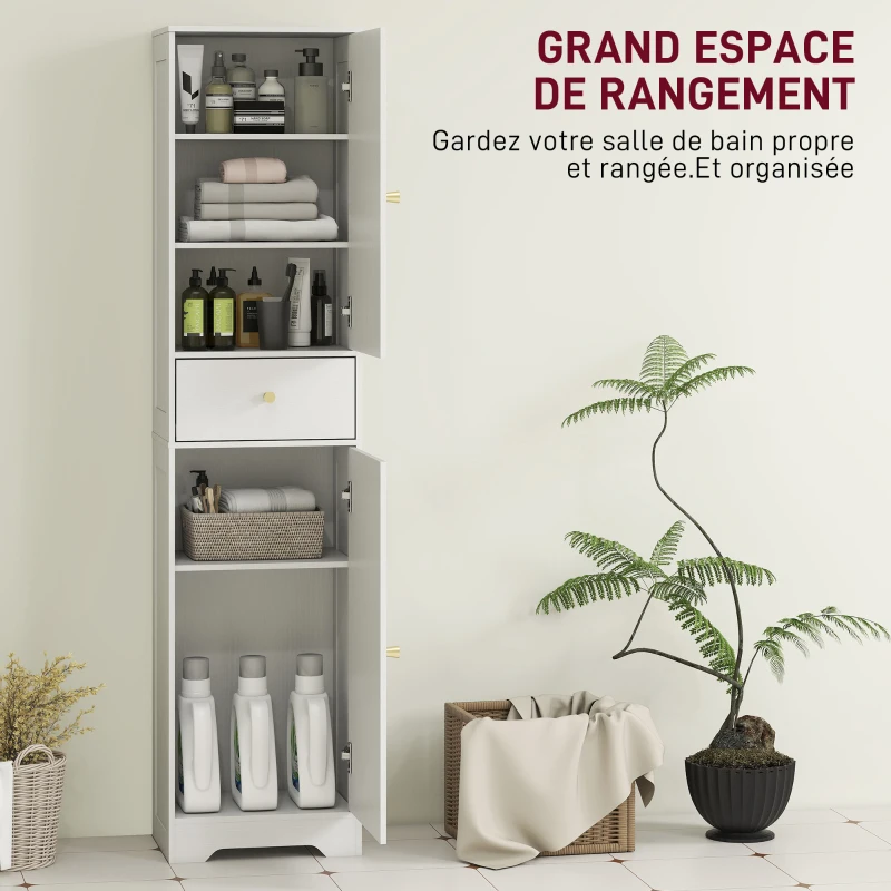 HOMCOM Armoire salle de bain haute meuble de rangement colonne avec placards tiroir et étagères réglables 40x29,5x170cm blanc