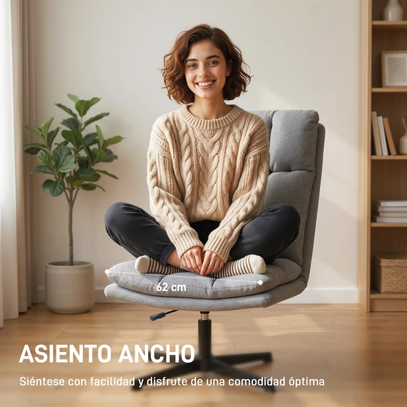 HOMCOM Butaca de Salón Giratorio 360° Altura Ajustable Asiento Ancho Tapizado en Lino Base de Metal Gris Claro