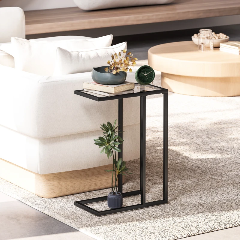 HOMCOM Table d'appoint en forme de C avec plateau en verre trempé, cadre en acier, noir