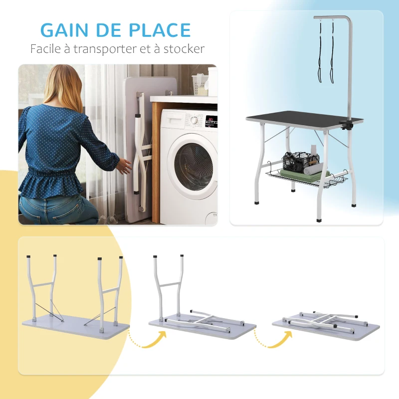 PawHut Table de toilettage pour chien pliante plateau antidérapant en caoutchouc avec 2 sangles 90 x 60 x 76 cm noir