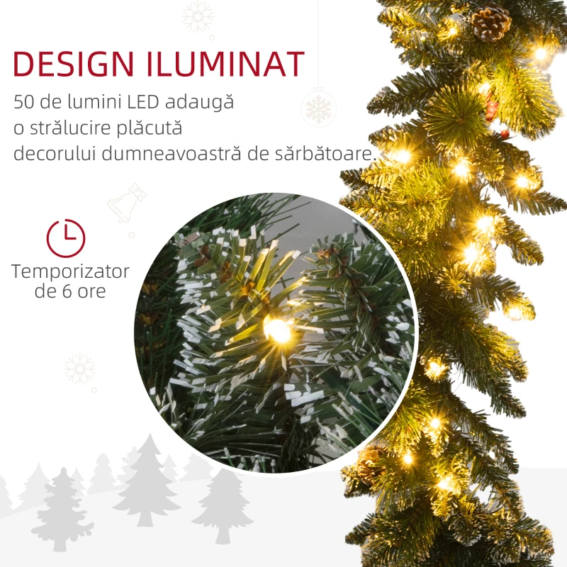 HOMCOM Ghirlandă de Crăciun cu 50 de Lumini LED Albe, Temporizator și Decorațiuni, 180x30x30 cm, Verde
