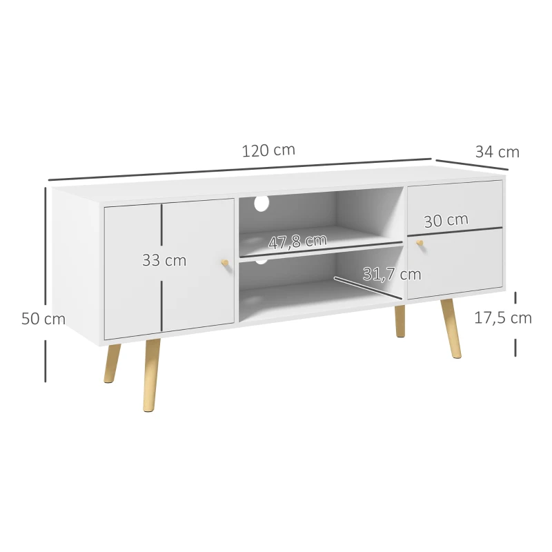 HOMCOM Meuble TV style scandinave 2 portes 2 niches passe-fils piètement bois pin panneaux blanc - 120 x 34 x 50 cm blanc