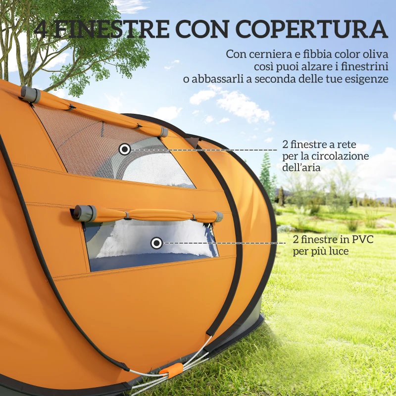 Outsunny Tenda da Campeggio Pop Up 2 Posti con 2 Porte, 4 Finestre e Telo Impermeabile, 263.5x220x123 cm, Arancione