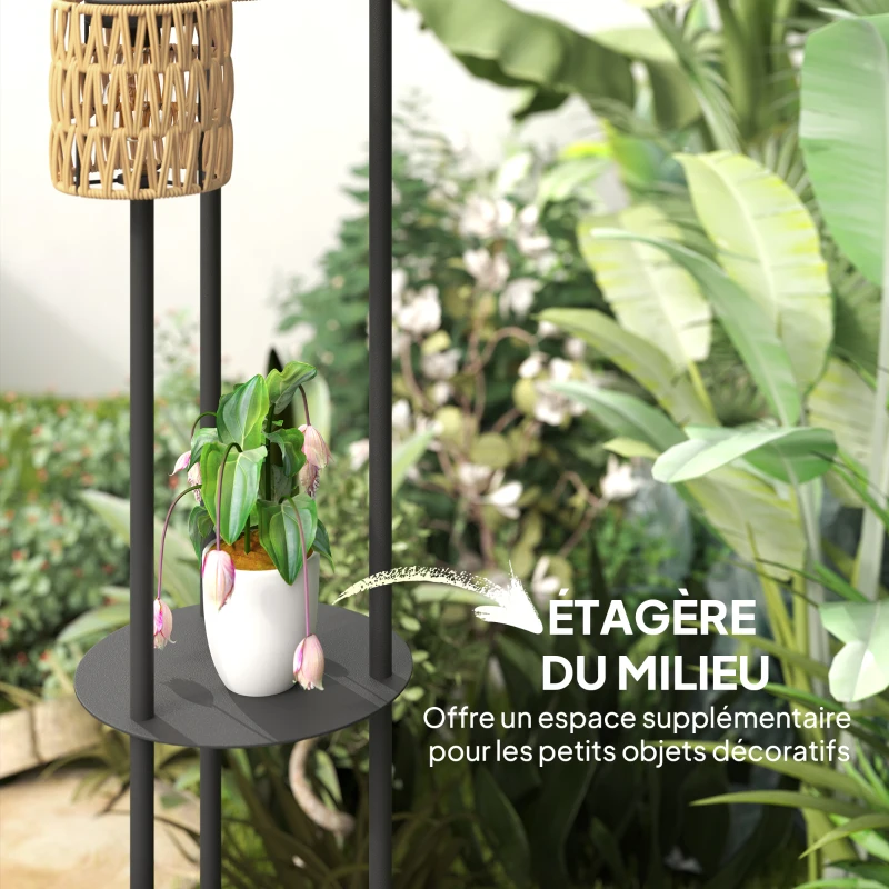 Outsunny Lampadaire solaire extérieur en résine tressée, lampadaire à 3 lumières avec capteur et étagère, Ø37 x 144 cm, jaune