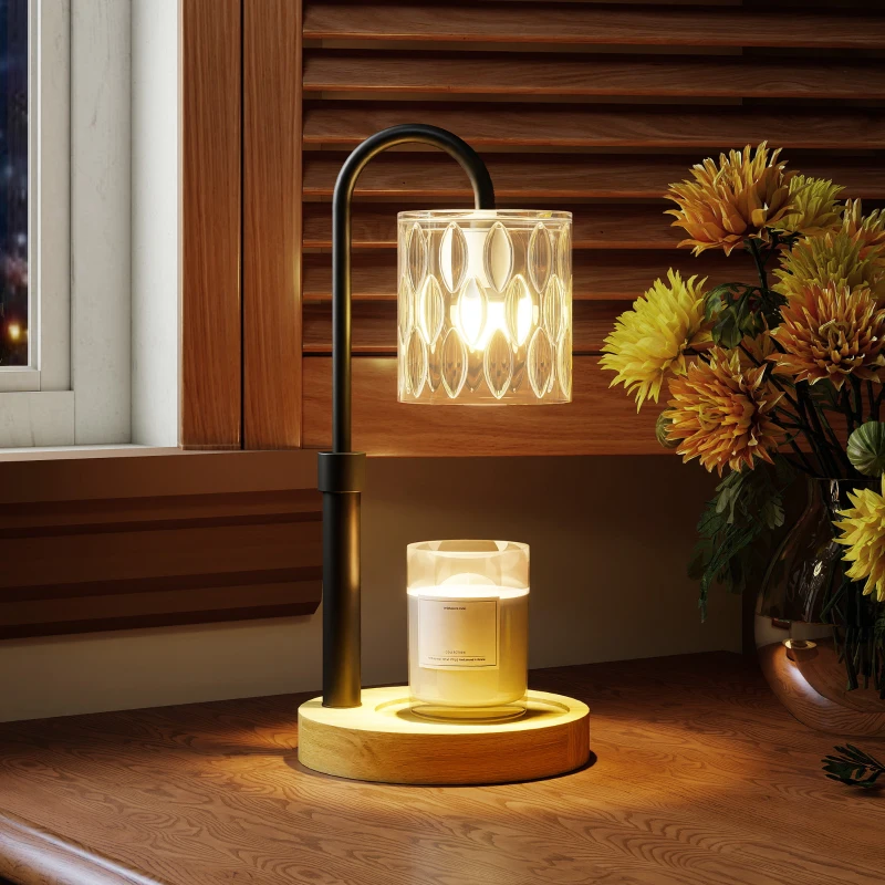 HOMCOM Candeeiro de Mesa Candeeiro Aquecedor de Vela com Base de Madeira Ecrã de Vidro Ø15x32,5 cm Multicor