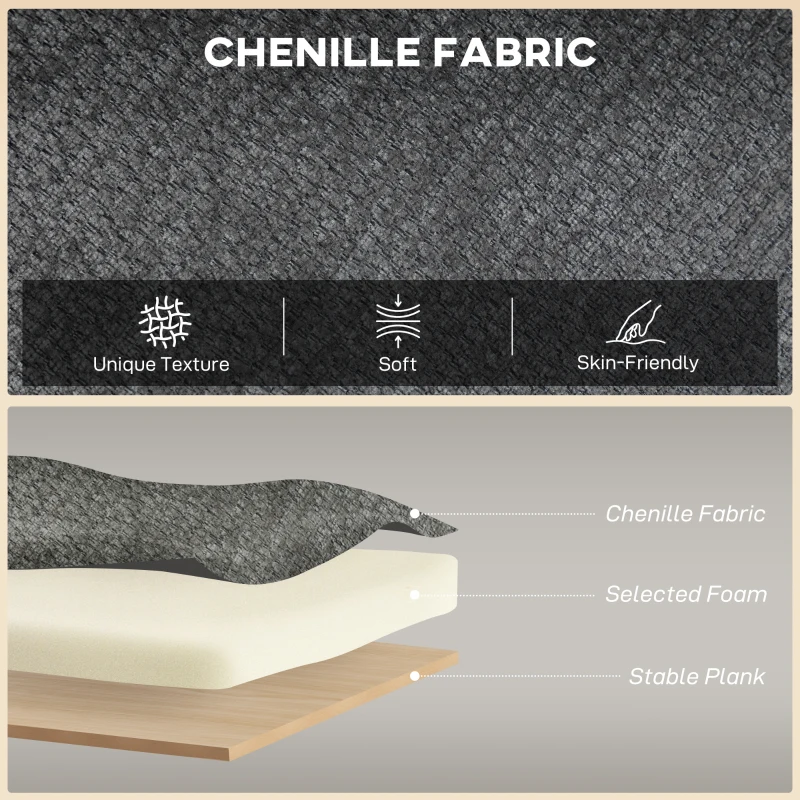HOMCOM 2-osobowa sofa, mała sofa z chenille, oparcie skrzydłowe, grube siedzisko, nogi z drewna kauczukowego, szara