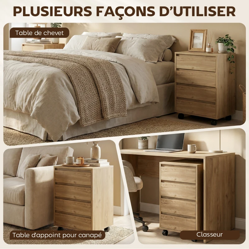 HOMCOM Caisson de bureau rangement bureau sur roulettes 4 tiroirs coulissants en bois aspect bois marron