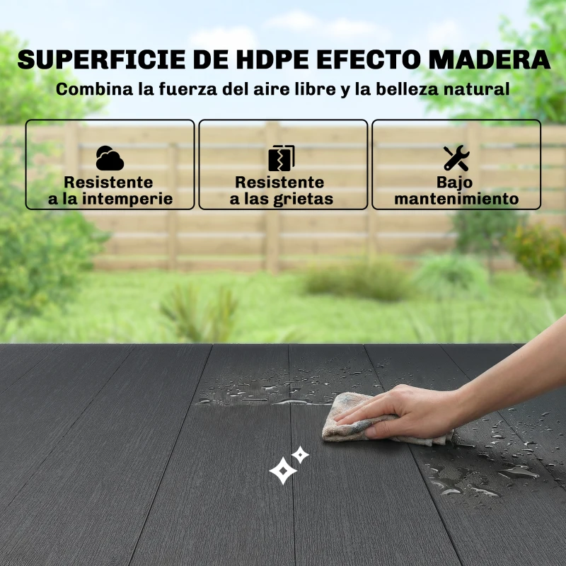 Outsunny Mesa de Comedor de Jardín para 6 Personas con Superficie de HDPE de Listones Estructura Metálica 150x90x74 cm Negro