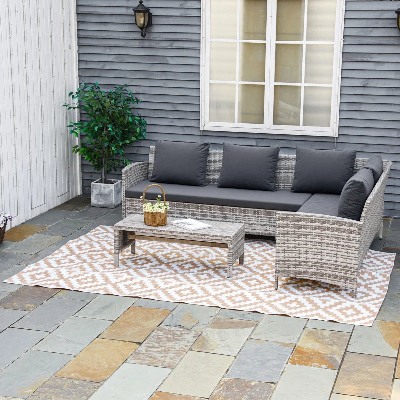 Outsunny Reversible Outdoor RV Rug, Patio Floor Mat, 274 x 182 cm Plastic Straw Rug for Garden, terrace, Beach, Camping, Coffee & White