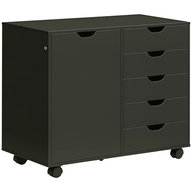 HOMCOM Caisson de bureau avec 5 tiroirs 1 porte étagère réglable, support imprimante sur roulettes, 78x40x66,5 cm, noir