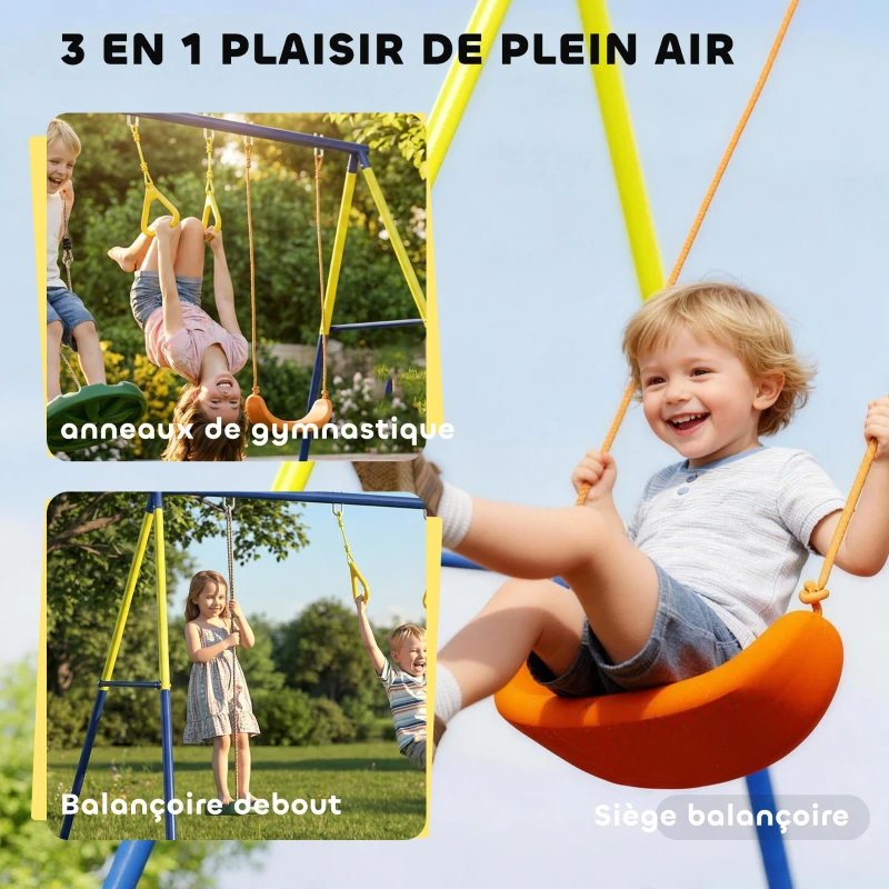 AIYAPLAY Portique Balancoire Exterieur Enfants 3-en-1, Siège de Balancelle, 2 Anneaux Gymnastique et Balançoire à Disque