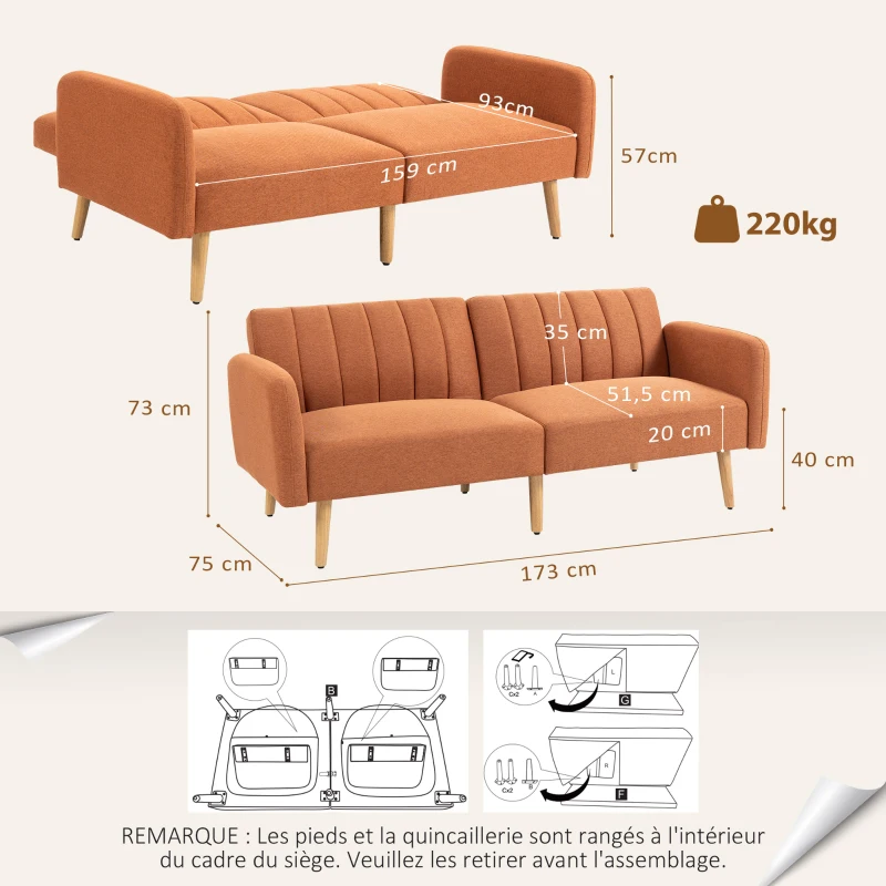 HOMCOM Canapé Convertible 2 Places Design scandinave Dossier inclinable 3 Positions Pieds Bois Tissu Aspect Lin marron