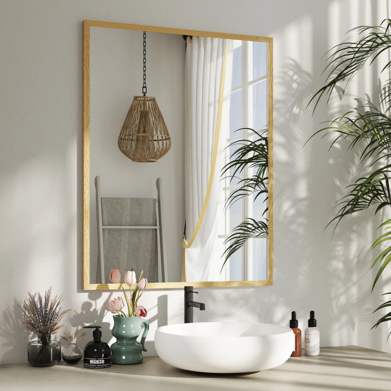 HOMCOM Miroir mural rectangulaire 90 x 70 cm, cadre en bois, idéal pour la salle de bain, salon ou chambre, naturel