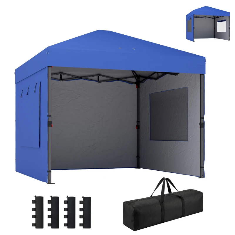 Outsunny Faltpavillon Pop-up 300x300 cm mit 3 Seitenwänden 2 Fenstern Höhenverstellbar UPF50+ Transporttasche und Sandsäcke Blau