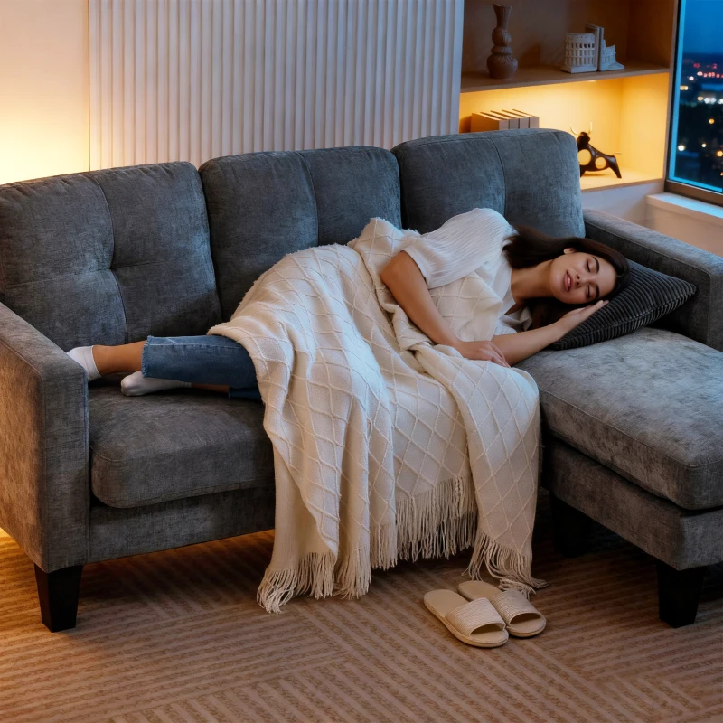 HOMCOM Sofá Chaise Longue Sofá em Forma de L Estofado em Poliéster Sofá de Canto Reversível 186x130x84 cm Cinzento Escuro