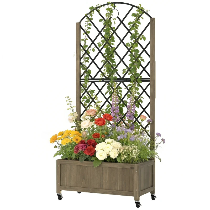 Outsunny Floreira de Madeira com Grade Metálica e Rodas para Plantas Trepadeiras Vaso Elevado 72x36x168 cm Carbonizado