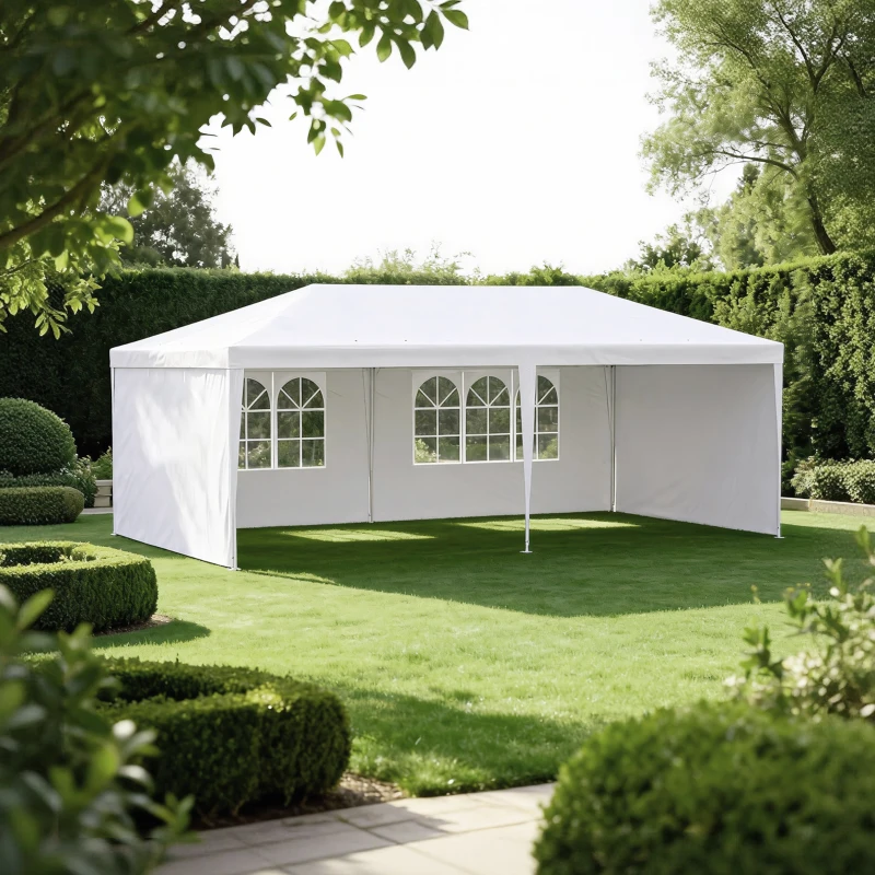 Outsunny Tonnelle de jardin, tente de réception avec Fenêtres et parois latérales amovibles, pour fêtes et mariages, 6 x 3 m blanc