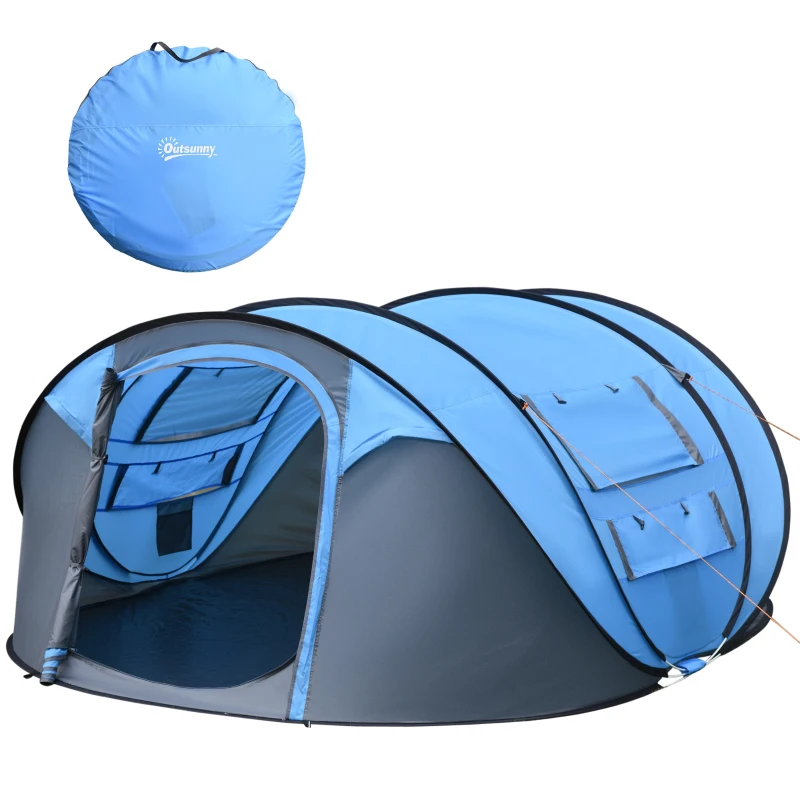 Outsunny Tenda da Campeggio Pop Up 2 Posti con 2 Porte, 4 Finestre e Telo Impermeabile, 263.5x220x123 cm, Blu
