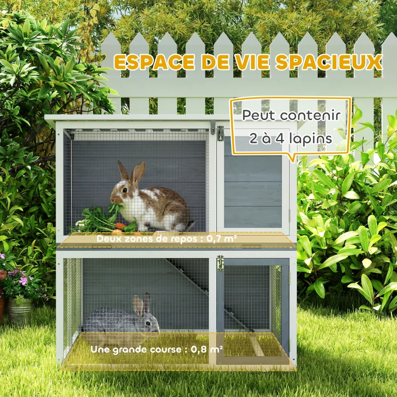 PawHut Clapier lapin extérieur cage à lapin 2 étages spacieux toit double ouverture plateau amovible 98x95x102,5cm gris