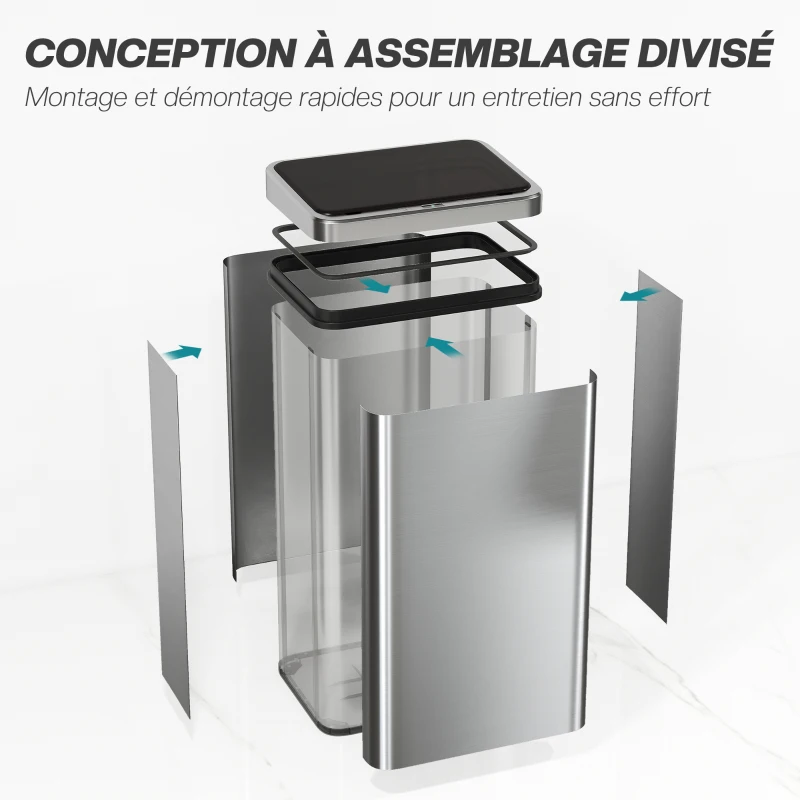 HOMCOM Pattumiera con sensore 50 L in acciaio inox con chiusura ammortizzata, Argento