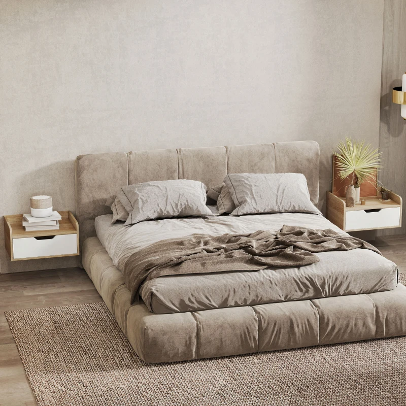 HOMCOM Conjunto de 2 Mesas de Cabeceira de Parede Mesas de Cabeceira com Gaveta e Tampo com Rebordos Elevados 40x30x19,5 cm Madeira Natural