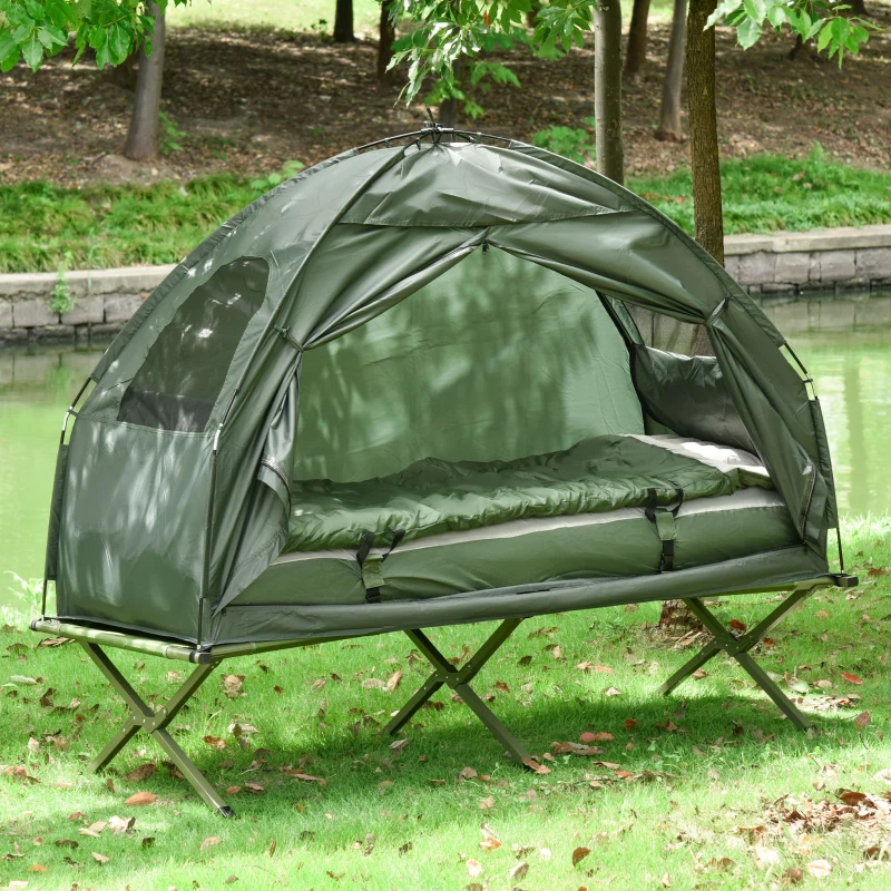 4 en 1 tente surélevée avec lit de camping pliable +sac de couchage +matelas pneumatique+pompe