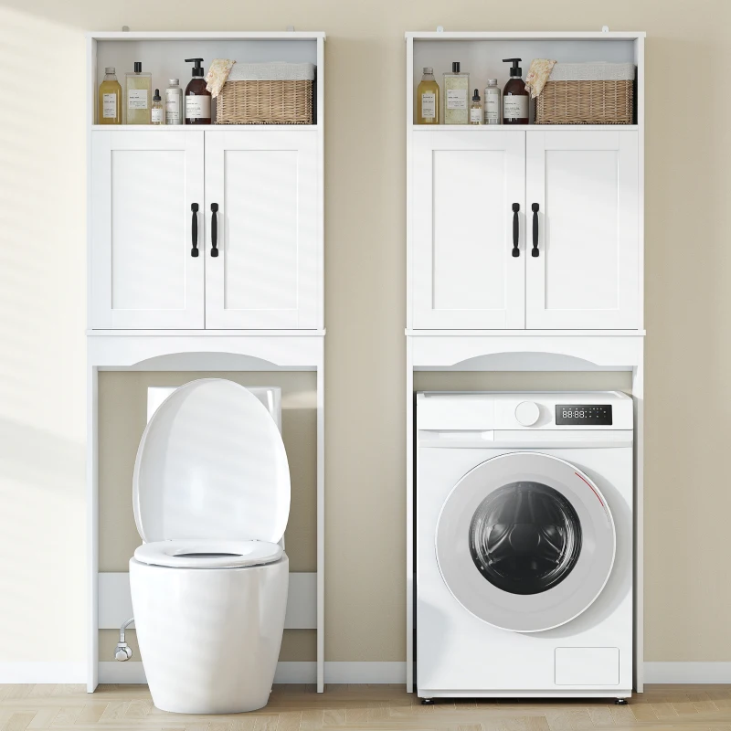 HOMCOM Schrank über der Toilette Badezimmerschrank mit 2 Soft-Close-Türen Offenes Regal 64x21x173,5 cm Weiß