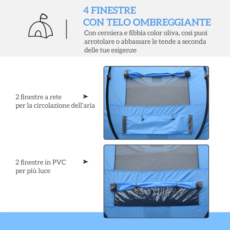 Outsunny Tenda da Campeggio Pop Up 2 Posti con 2 Porte, 4 Finestre e Telo Impermeabile, 263.5x220x123 cm, Blu