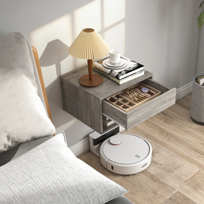 HOMCOM Lot de 2 tables de chevet murales, tables de nuit, tiroir, compartiment ouvert, plateau, 37 x 32 x 21 cm, gris