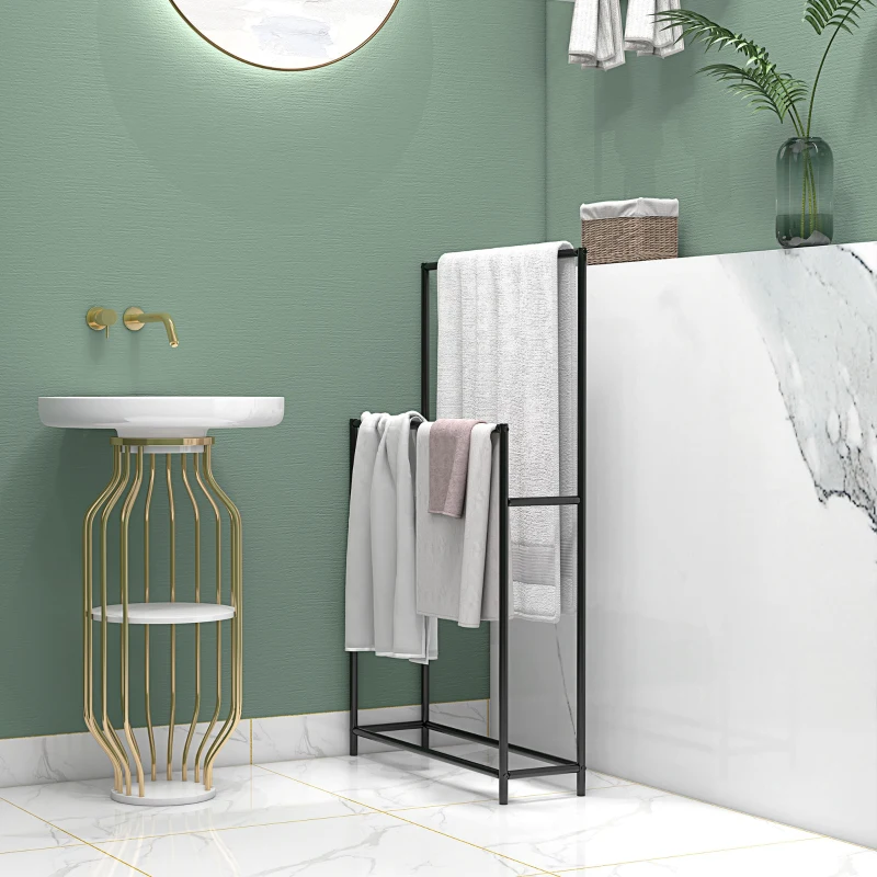 HOMCOM Porte serviettes sur pied sèche serviette 2 niveaux en métal pour la salle de bain, dim. 66l x 20P x 110H cm, noir