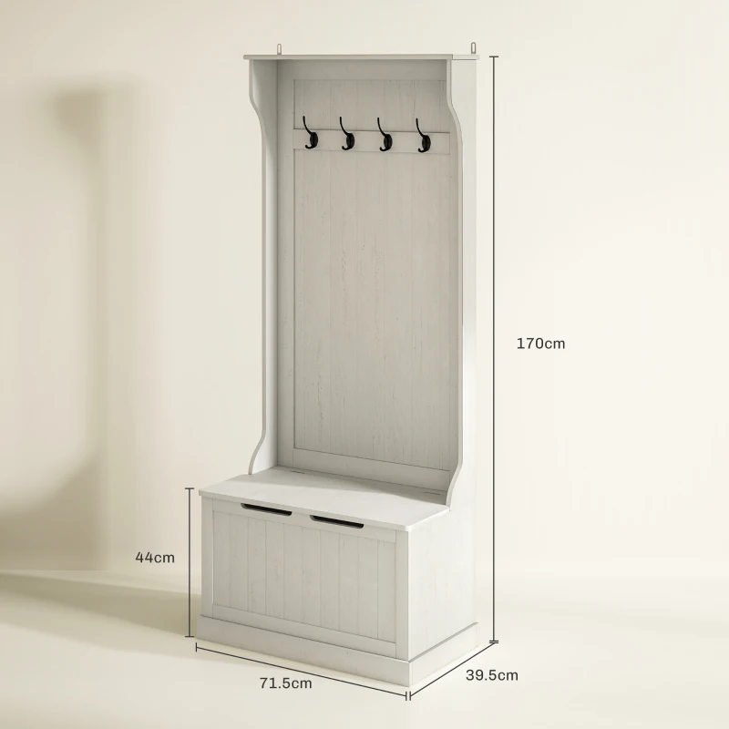 HOMCOM Attaccapanni con scarpiera e panca contenitore con 4 ganci, 71,5x39,5x170 cm, Bianco