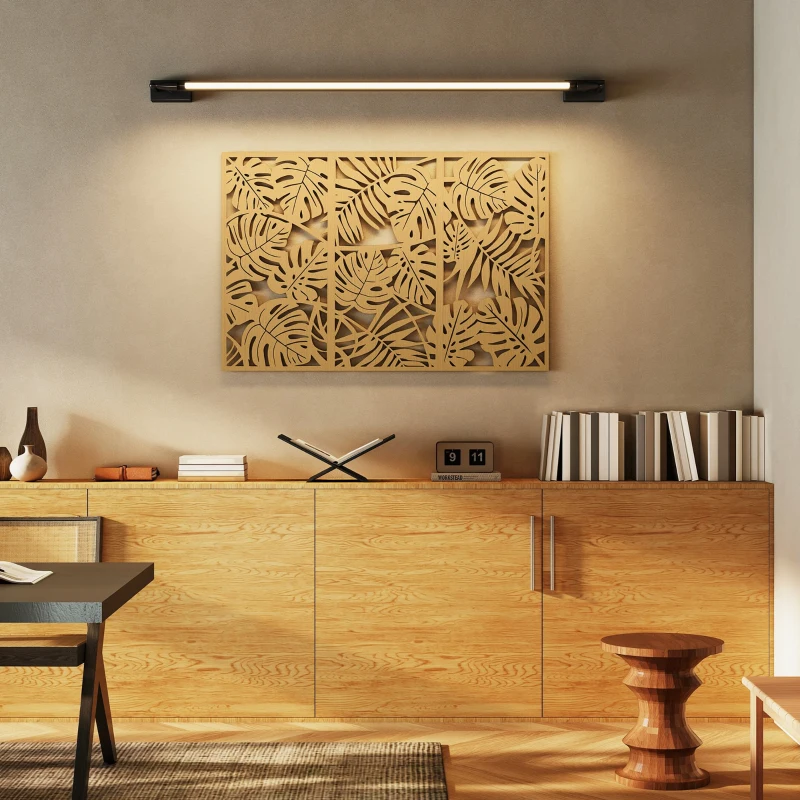 HOMCOM Ensemble de 3 Décorations Murales en Bois 3D, 40 x 80 cm, Feuilles Tropicales, Effet Bois Naturel