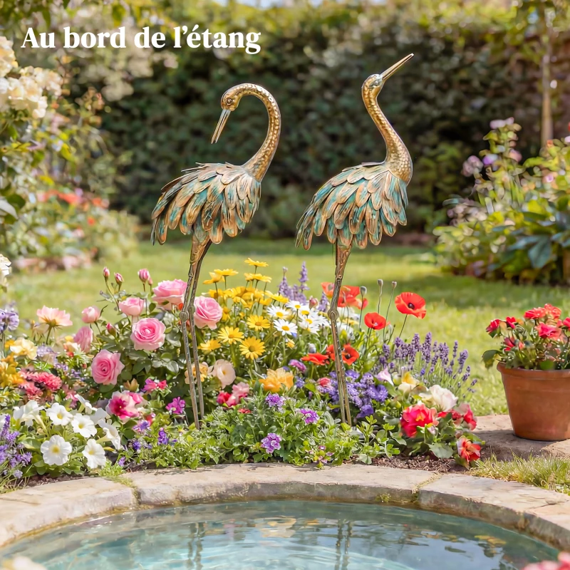 Outsunny Lot de 2 Statues de Jardin, Sculpture de Héron en Métal, Statues d'oiseaux 91/95cm, pour Cour, Étang, Terrasse, or/bleu