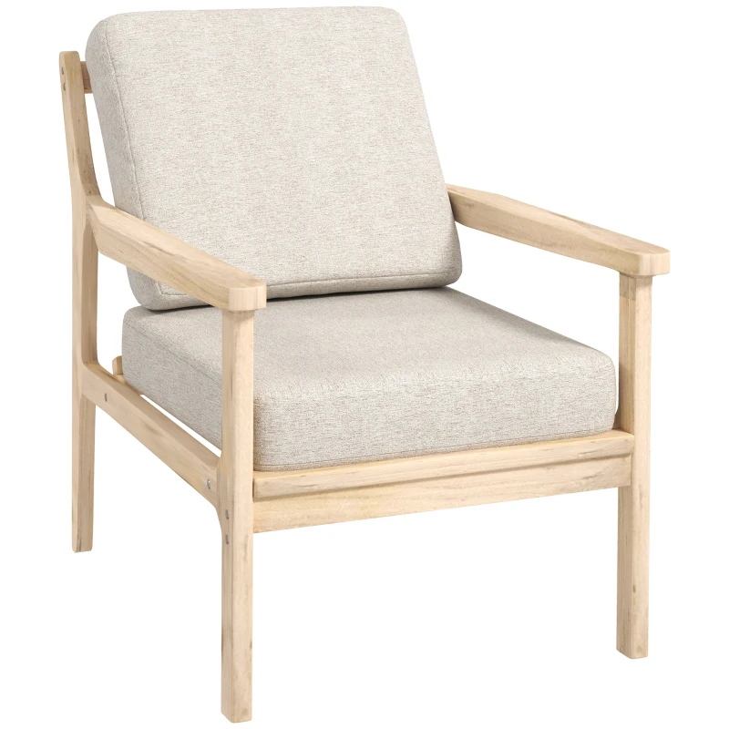 HOMCOM Fauteuil design minimaliste structure bois, 2 coussins amovibles recouvert de tissu effet lin, accoudoirs, beige