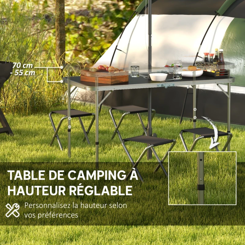 Outsunny Ensemble table et chaise de camping, Table de Camping avec 4 chaises Pliantes, 120x60x55-70cm Gris foncé
