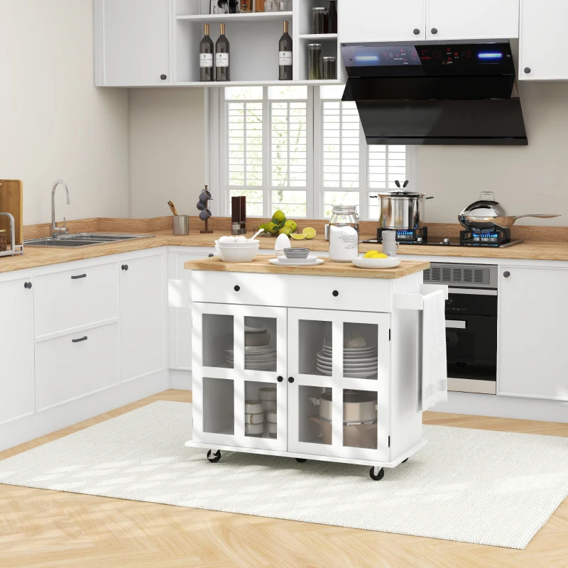 HOMCOM Desserte ilot de cuisine multi-rangements tiroir placards étagère, 115,5L x 46,2l x 86,5H cm, bois d'hévéa blanc