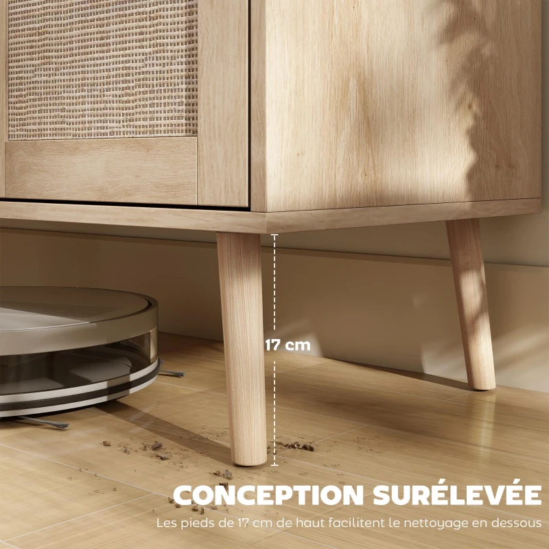HOMCOM Buffet salon meuble de rangement placards à portes en cannage et étagère réglable 140 x 40 x 75 cm effet bois naturel