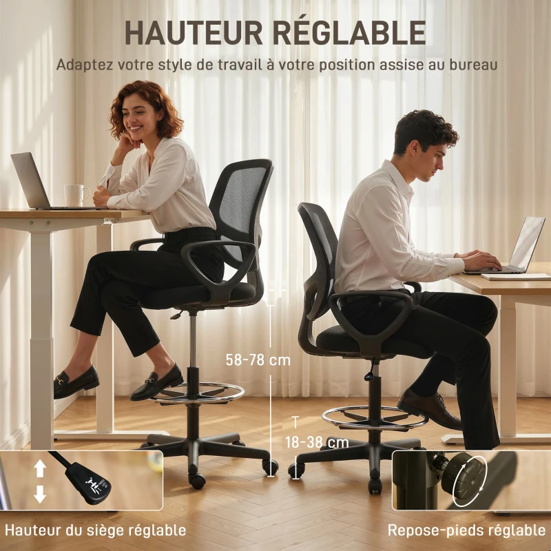 HOMCOM Chaise bureau ergonomique, fauteuil de bureau avec repose-pieds et accoudoirs, hauteur réglable, 59x58x103-123cm, noir