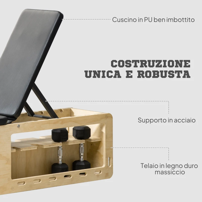 HOMCOM Panca Multifunzione con Schienale Regolabile, Vano Contenitore, Rack per Pesi ed Elastici, Legno
