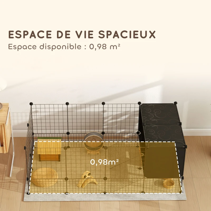 PawHut Enclos pour petits animaux, cage à lapin modulable 31 panneaux avec niches surélevées, en acier, 140x70x52cm, noir