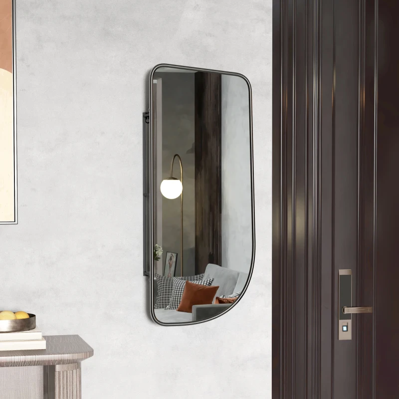 HOMCOM Miroir mural forme organique avec 3 étagères de rangement pour salle de bain, cadre en métal noir, dim. 40 x 86 cm