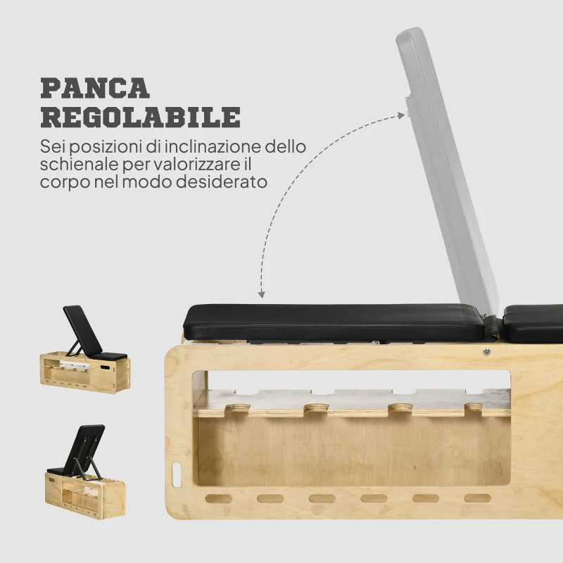 HOMCOM Panca Multifunzione con Schienale Regolabile, Vano Contenitore, Rack per Pesi ed Elastici, Legno