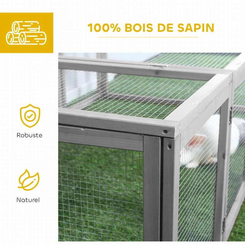 PawHut Clapier cage à lapins extérieur intérieur 2 portes supérieures 181L x 100l x 48H cm bois massif gris