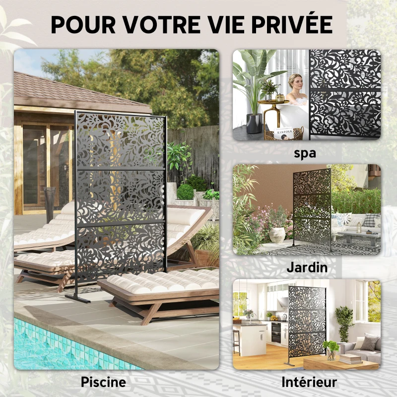 Outsunny Panneau Brise Vue décoratif Extérieur Claustra Décoratif Jardin 3 Panneaux à motif floral Acier 122 x 45 x 198 cm Noir