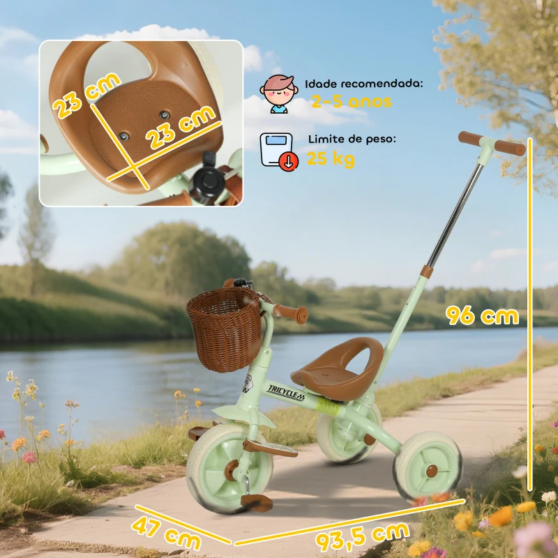 AIYAPLAY Triciclo para Bebés 2 em 1 Triciclo Evolutivo para Crianças com Barra Parental Ajustável Apoio para Pés Rebatível e Cesto 93,5x47x96 cm Verde