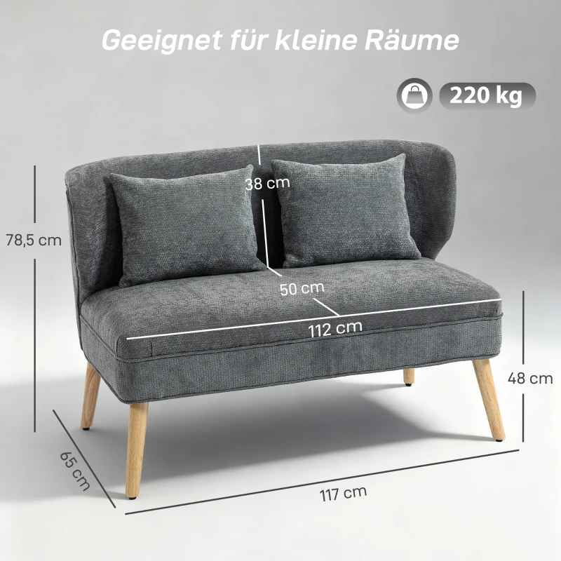HOMCOM 2-osobowa sofa, mała sofa z chenille, oparcie skrzydłowe, grube siedzisko, nogi z drewna kauczukowego, szara