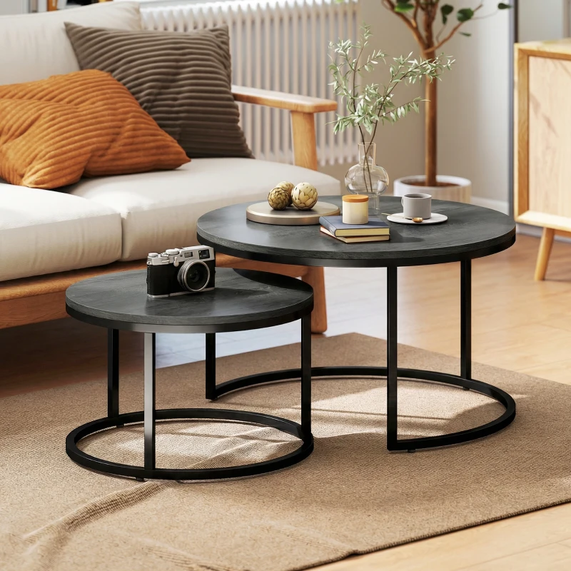 HOMCOM Lot de 2 tables basses gigognes empilable design industriel pieds en métal noir