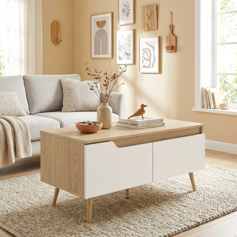 HOMCOM Mesa de Centro com 2 Gavetões e Pés de Madeira de Borracha 100x50x46 cm Carvalho