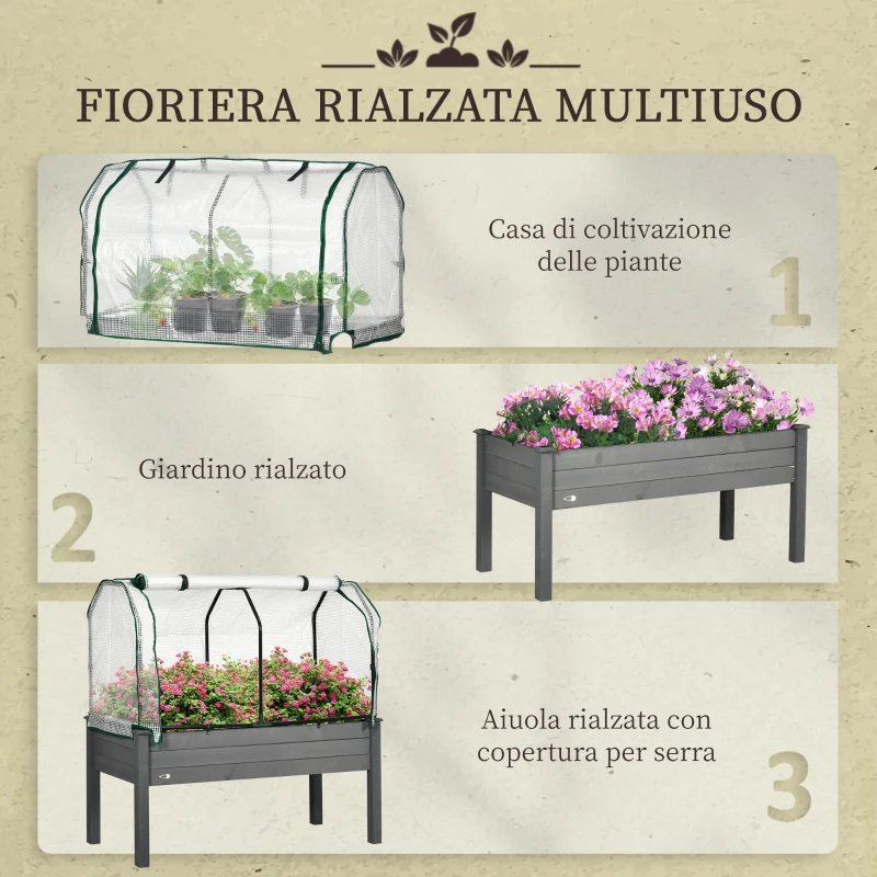 Outsunny Letto per Orto con Serra da Giardino, Portapiante da Esterno in Legno e PE, 121x55x117 cm, Grigio Scuro