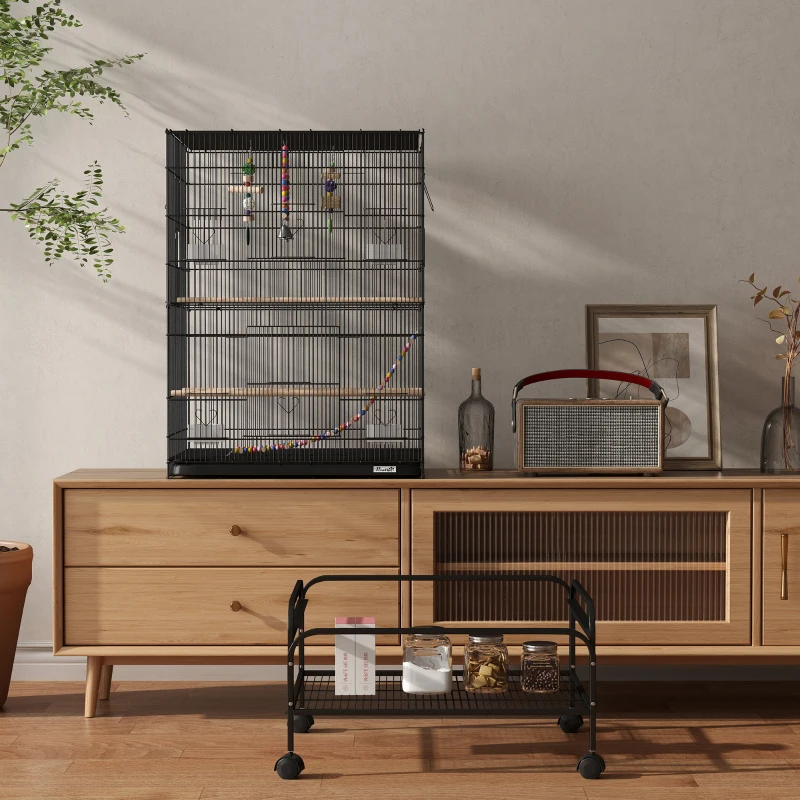 PawHut Gabbia per Uccelli con Area Gioco, Ruote, Vassoio Estraibile e Mensola, 64x45x110 cm, Nero